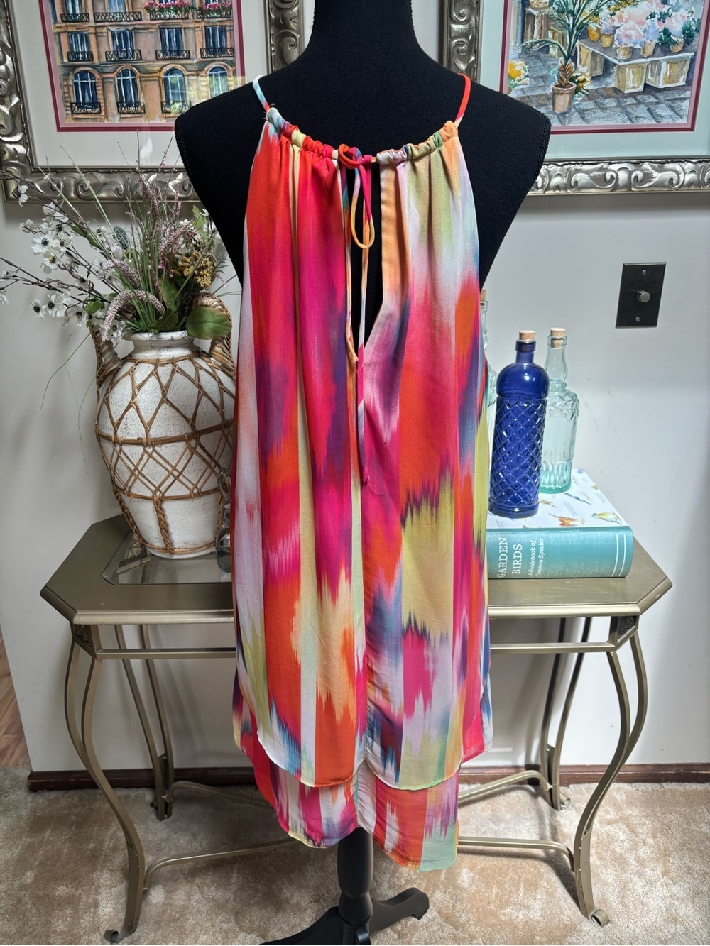 BISOU BISOU Vibrant Multi-Color Halter Layered Mini Dress Sheer Chiffon Size 14 - Picture 3 of 9